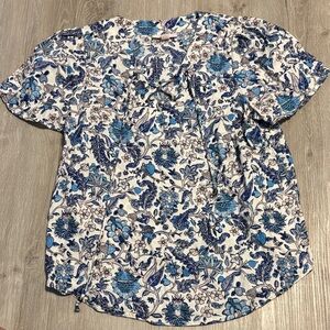 Knox Rose Blue and White Floral Short Sleeve Blouse